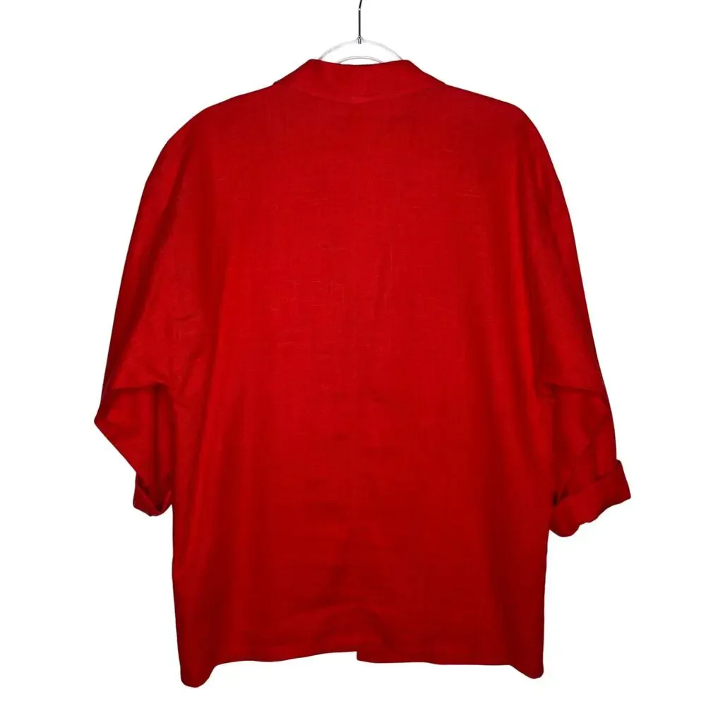 1990s Liz Claiborne Red Linen Open Front Oversized Jacket Size 6 M/L